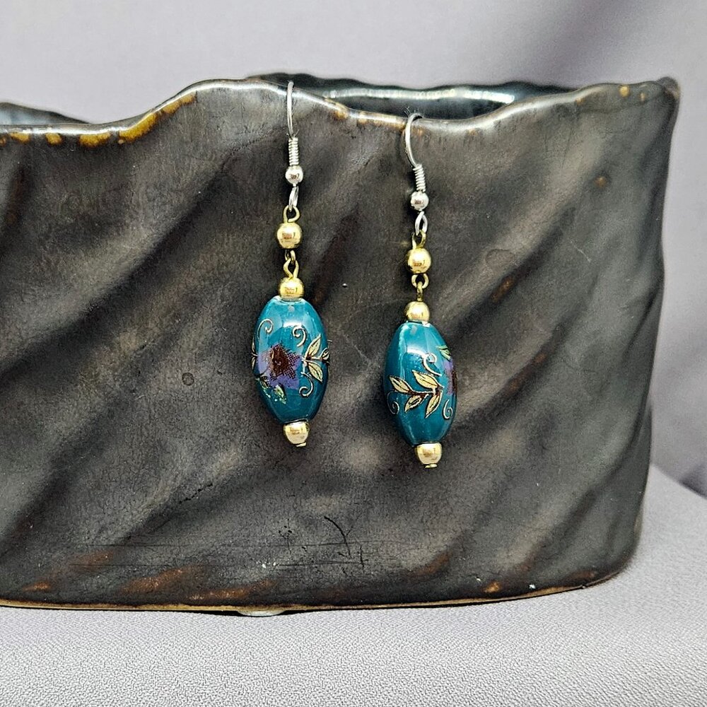 GU Earrings Teal Ceramic Beads w/ Gold & Purple Flower Design - 2" long